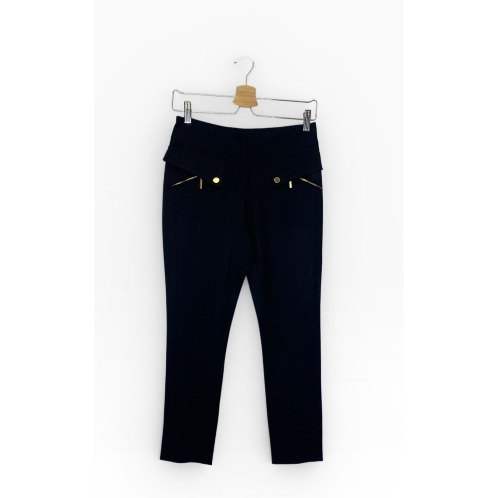 Les Copains Black Slim Pants 0 / 38 Moto Equestrian Gold Button Zip Stretch Wool